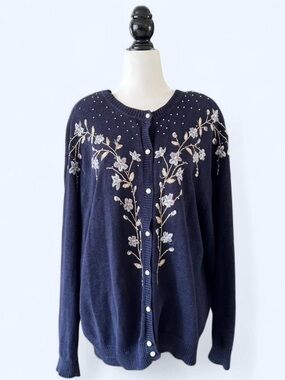 90s Koret Womens Navy Cardigan Floral Embroidery Cottagecore Fairy Boho XL